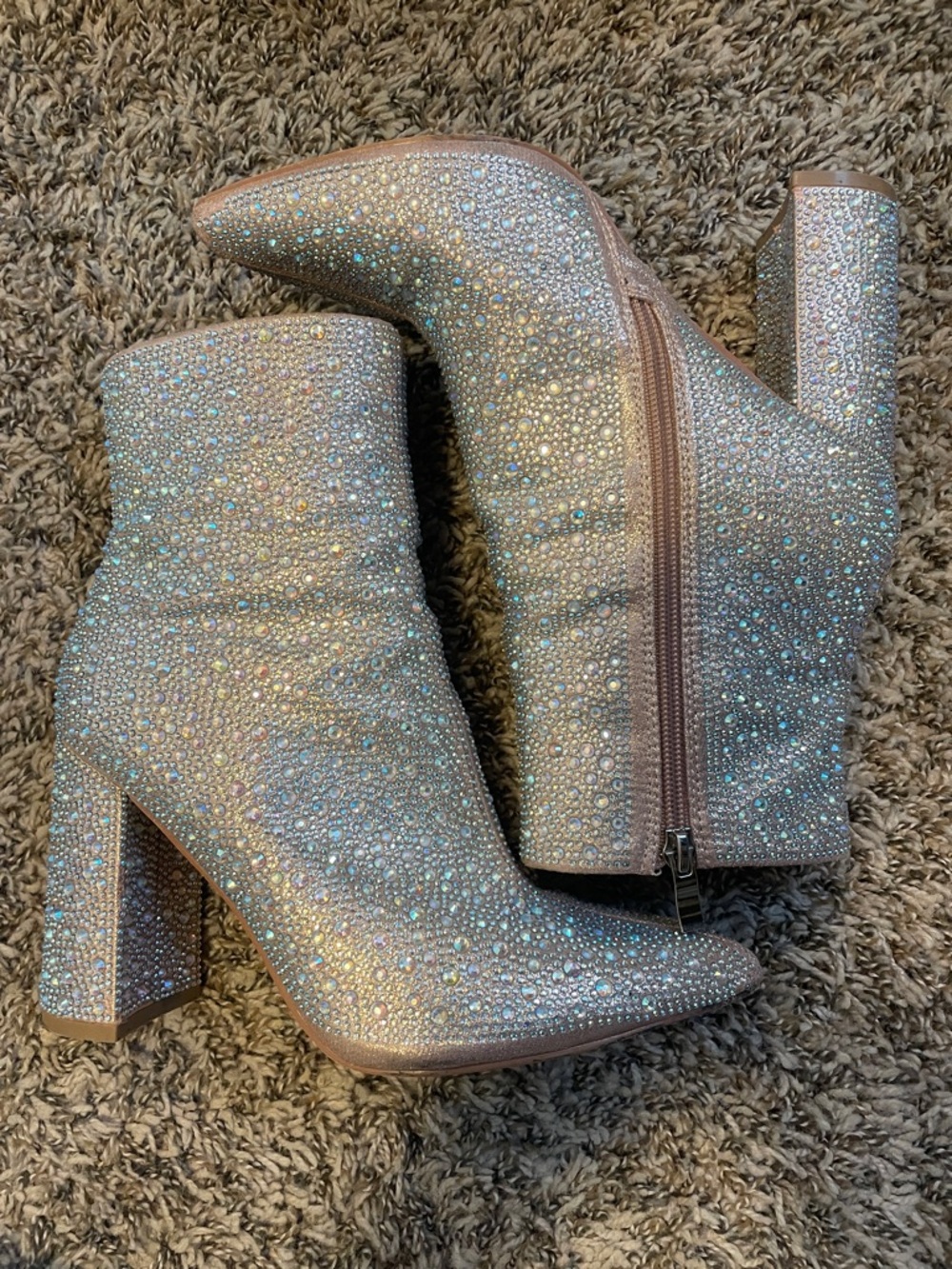 Crystal-Embellished Block Heel Ankle Boots - Iridescent Beige